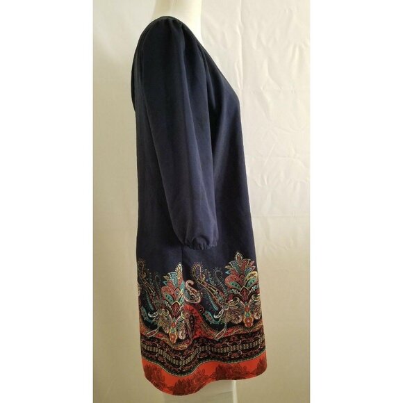 Bebop Women's Navy Blue/Multicolor 3/4 Sleeve Paisley Print Shift Dress Sz Large - Picture 7 of 14